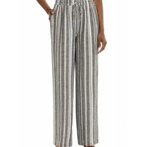 Briggs Linen Blend Beachy Pocket Pants Elastic Waist Pull On Gray Striped M